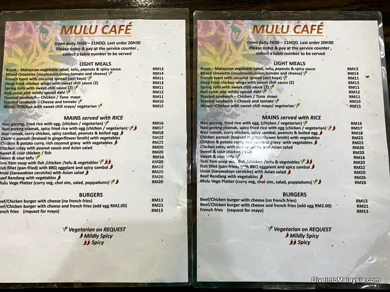 Cafe Mulu menu at Mulu National Park