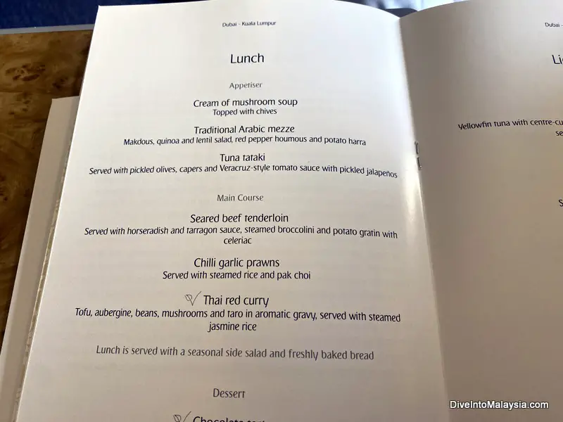 Emirates business class food and drinks menu