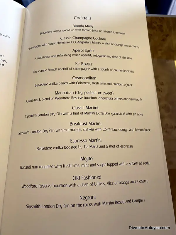 Emirates business class food and drinks menu