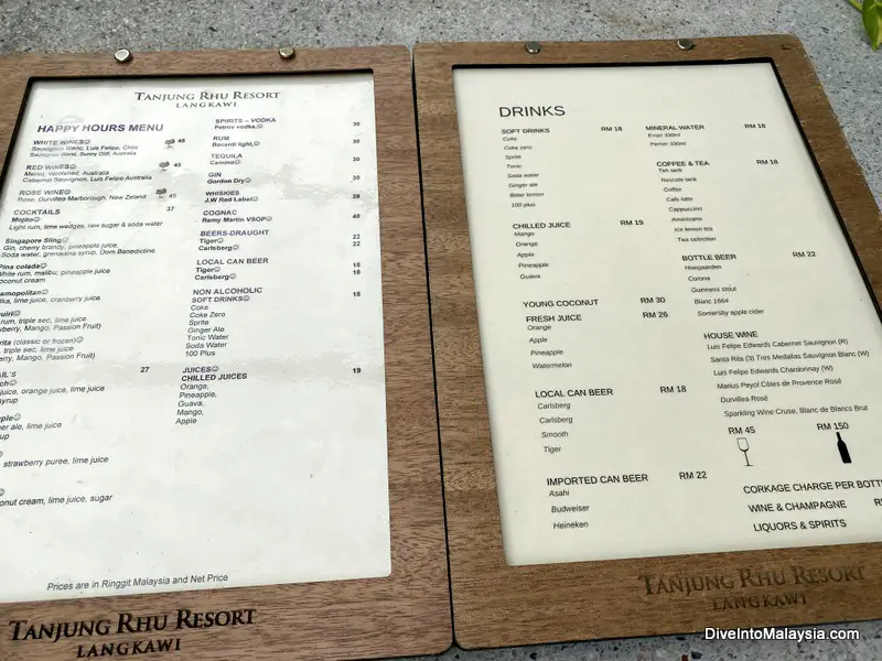 Drink menu at Tanjung Rhu Resort