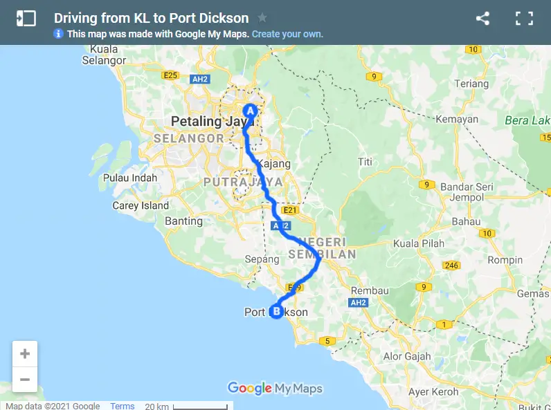 Driving from KL to Port Dickson map