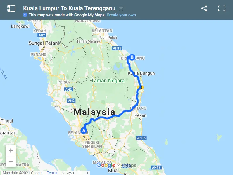 Kuala Lumpur To Kuala Terengganu map