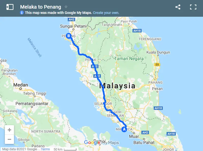 Melaka to Penang map