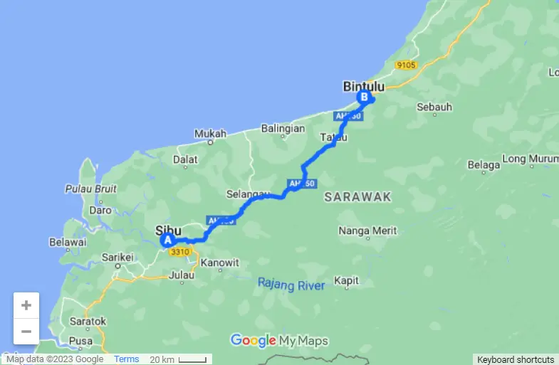 Sibu to Bintulu map