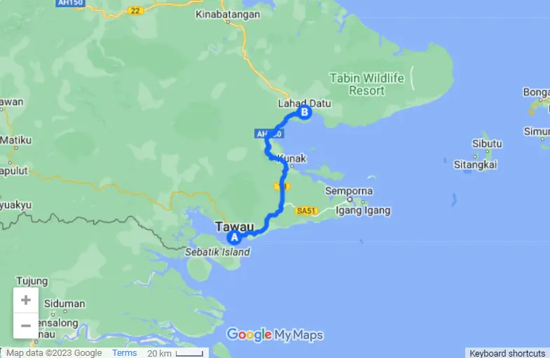 Tawau to Lahad Datu map