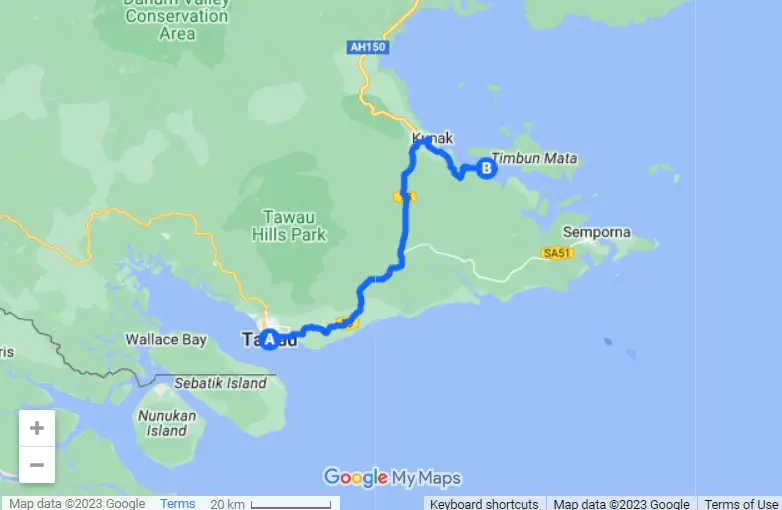 Tawau to Semporna map